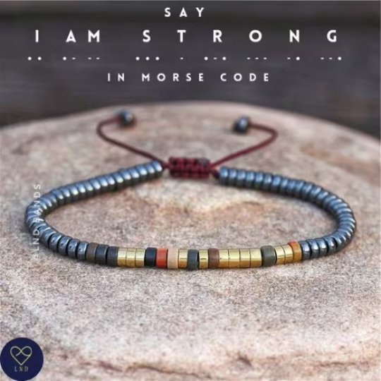 Morse code I AM STRONG Picasso Jasper Hematite Bracelet - LND Bands