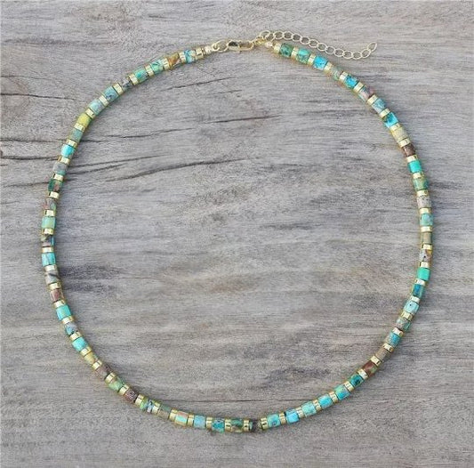 Multi Coloured Green/Blue Tube Necklace - Natural Stone Necklace, 4mm - LND Bands