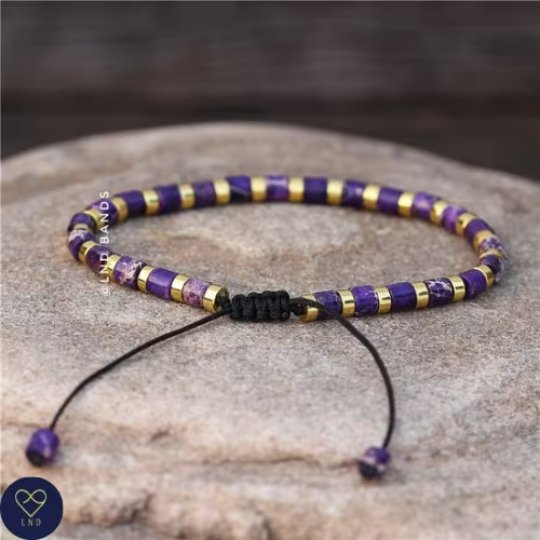 Purple tube Imperial Jasper bracelet, Adjustable Boho Yoga Ethnic Bracelet, natural stone bracelet, stress relief - LND Bands