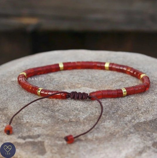 Red Agate Adjustable Beaded Bracelet, Minimalist Bohemian Bracelet, Natural Stone Bracelet, Dainty Bracelet, Tibetan gemstone, Yoga - LND Bands