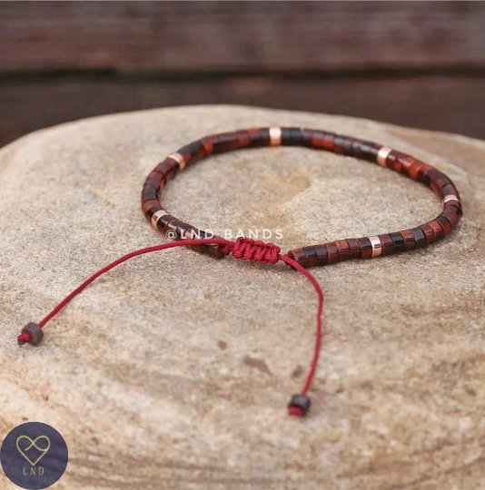 Red Tiger Eye Bead Bracelet, Adjustable Minimalist Bohemian Bracelet, Natural Stone Bracelet, Dainty Bracelet - LND Bands