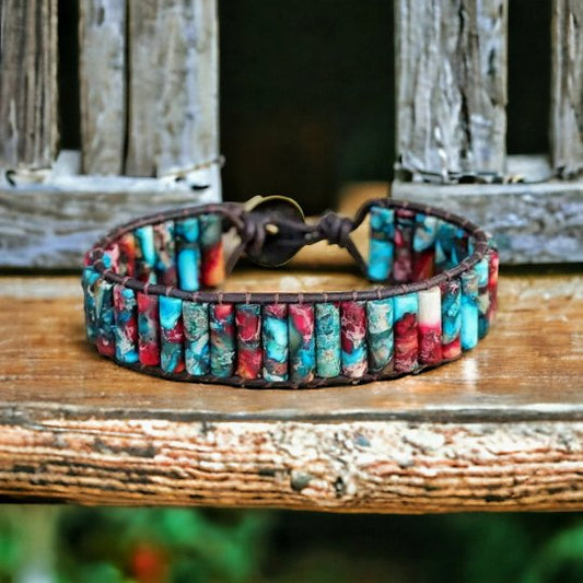 Red/Blue Multi Coloured Tube Imperial Jasper Leather Bracelet - LND Bands