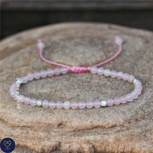 Rose Quartz Faceted Bead Bracelet, Adjustable Minimalist Natural Gemstone Bracelet, Tibetan Yoga, love stone, Gift for her, friendship - LND Bands