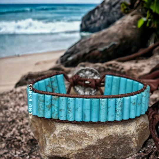 Turquoise Jasper Tube Leather Wrap Bracelet - LND Bands