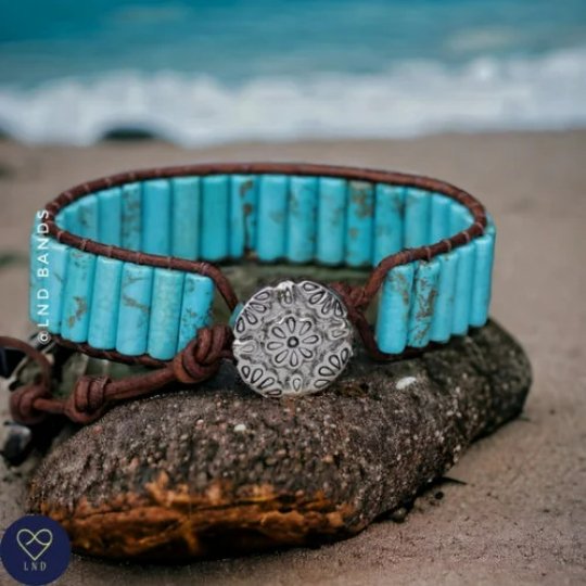 Turquoise Jasper Tube Leather Wrap Bracelet - LND Bands