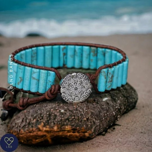 Turquoise Jasper Tube Leather Wrap Bracelet - LND Bands