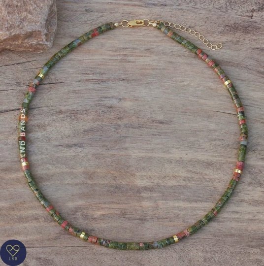 Unakite Bead Necklace, Minimalist Bohemian Necklace, Natural Stone Necklace, Dainty Necklace, Tibetan Necklace, Gift for him and her